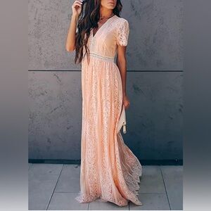 NWOT VNeck Floral Lace Wedding Dress Short Sleeve Bridesmaid Evening Party Maxi